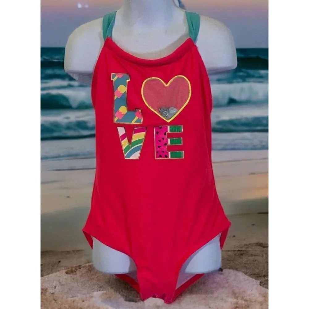 Cat & Jack Girls Love Swimsuit Size M 7/8 Pink Teal